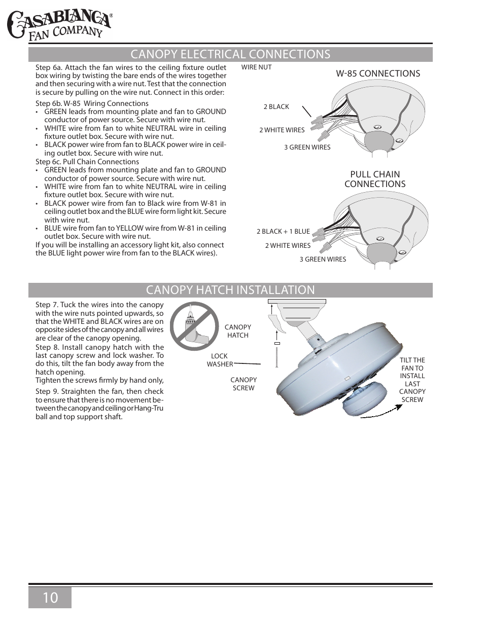 Canopy electrical connections, Canopy hatch installation, Blade holder & blade assembly | Casablanca Fan Company Panama 6643Z User Manual | Page 10 / 22