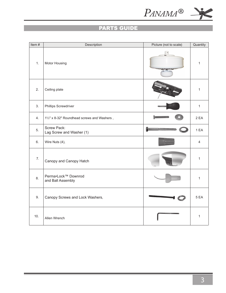 Anama, Parts guide | Casablanca Fan Company Panama 6643Z User Manual | Page 3 / 22