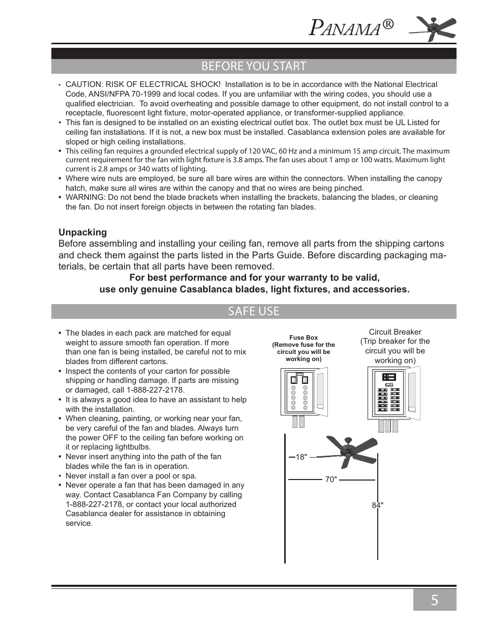 Before you start, Safe use, Anama | Casablanca Fan Company Panama 6643Z User Manual | Page 5 / 22