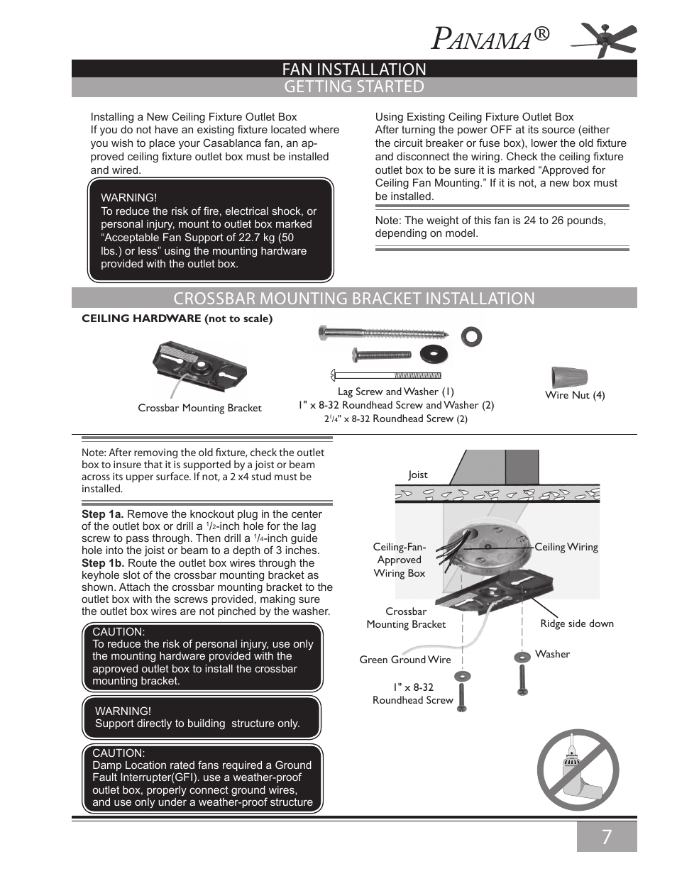 Getting started, Crossbar mounting bracket installation, Anama | Fan installation | Casablanca Fan Company Panama 6643Z User Manual | Page 7 / 22