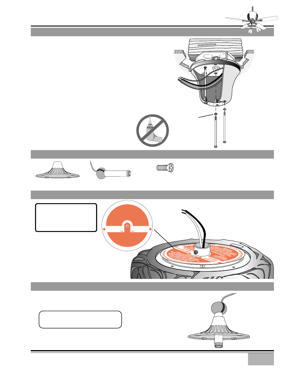 Fan preparation - hardware, Fan preparation 1, Canopy installation | Fan preparation 2, Motor shield, Ouvelle, Downrod & ball assembly, Motor cover downrod & ball assembly ground wire, Canopy screw canopy lock washer canopy, Fan body | Casablanca Nouvelle User Manual | Page 6 / 17