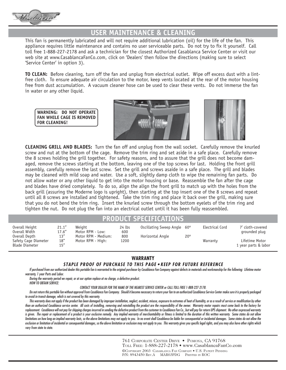 User maintenance & cleaning, Product specifications | Casablanca Fan Company III User Manual | Page 4 / 4