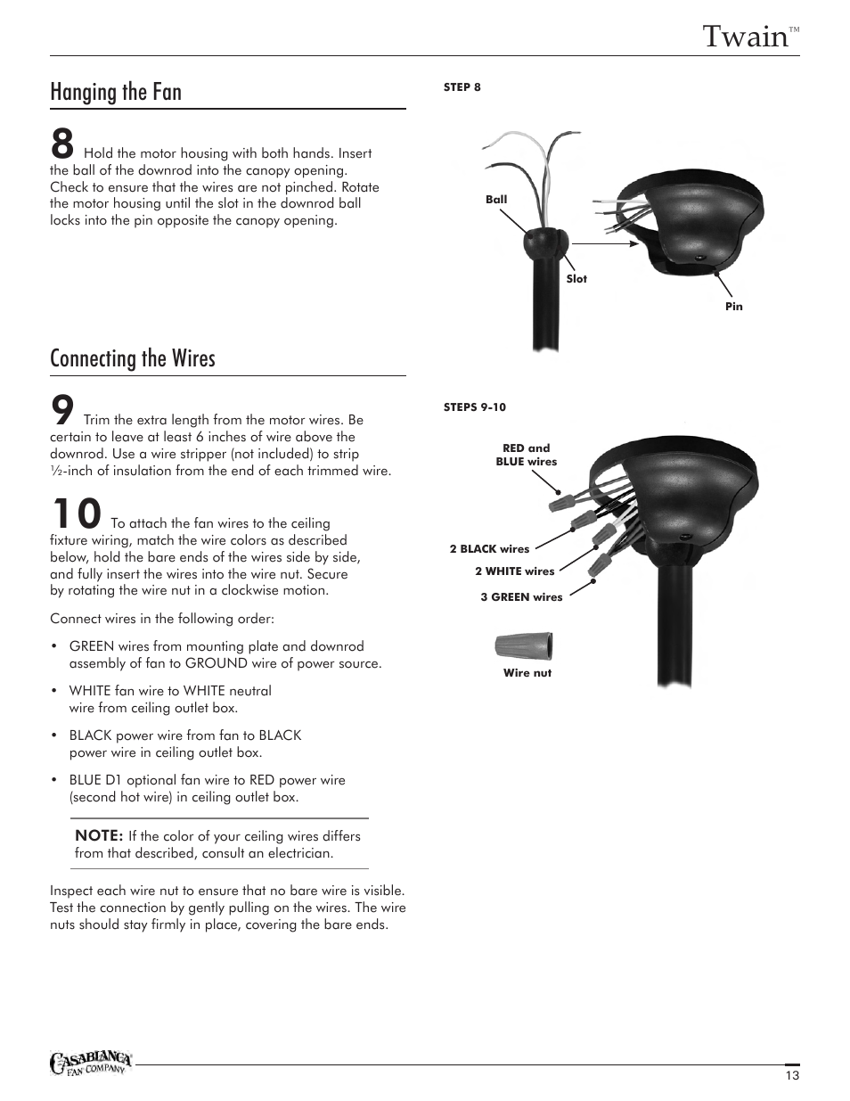 Twain, Hanging the fan, Connecting the wires | Casablanca Fan Company Twain TYPE HANGER TYPE DJ01 1151 C25G624FPOMONA User Manual | Page 13 / 22