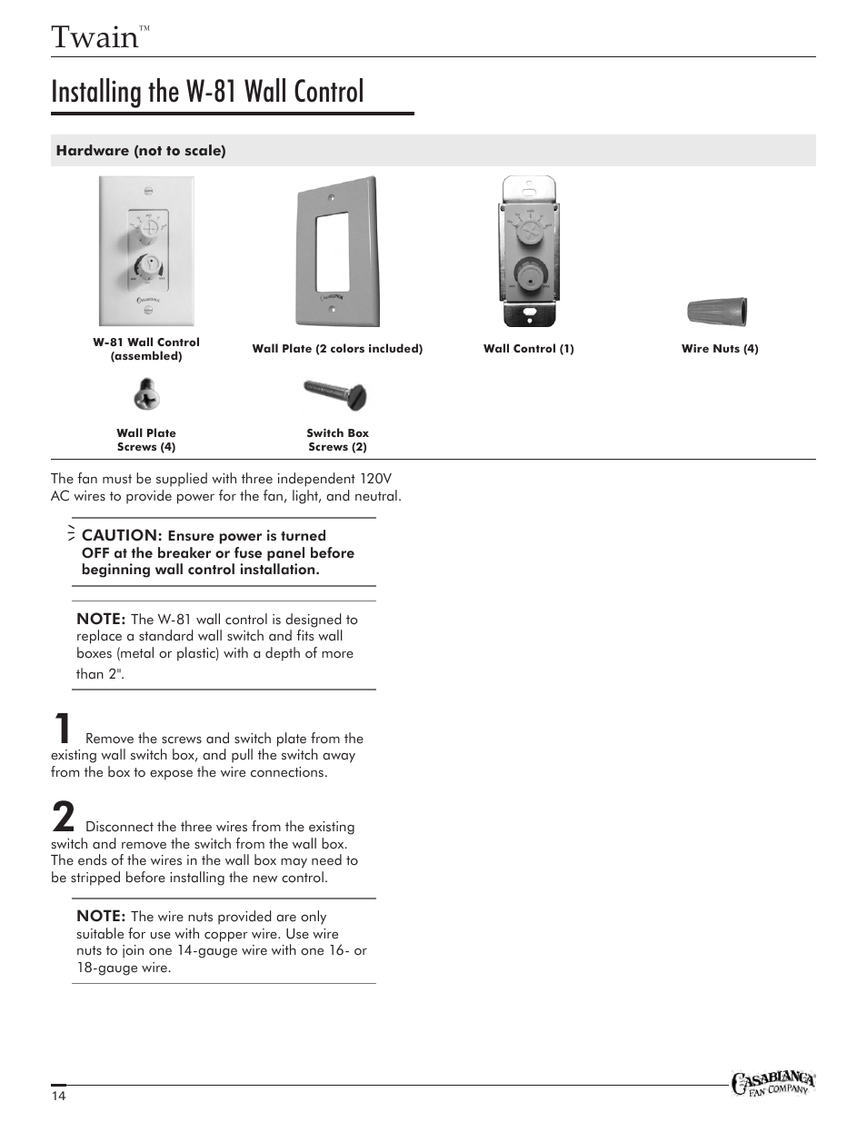 Twain, Installing the w-81 wall control | Casablanca Fan Company Twain TYPE HANGER TYPE DJ01 1151 C25G624FPOMONA User Manual | Page 14 / 22