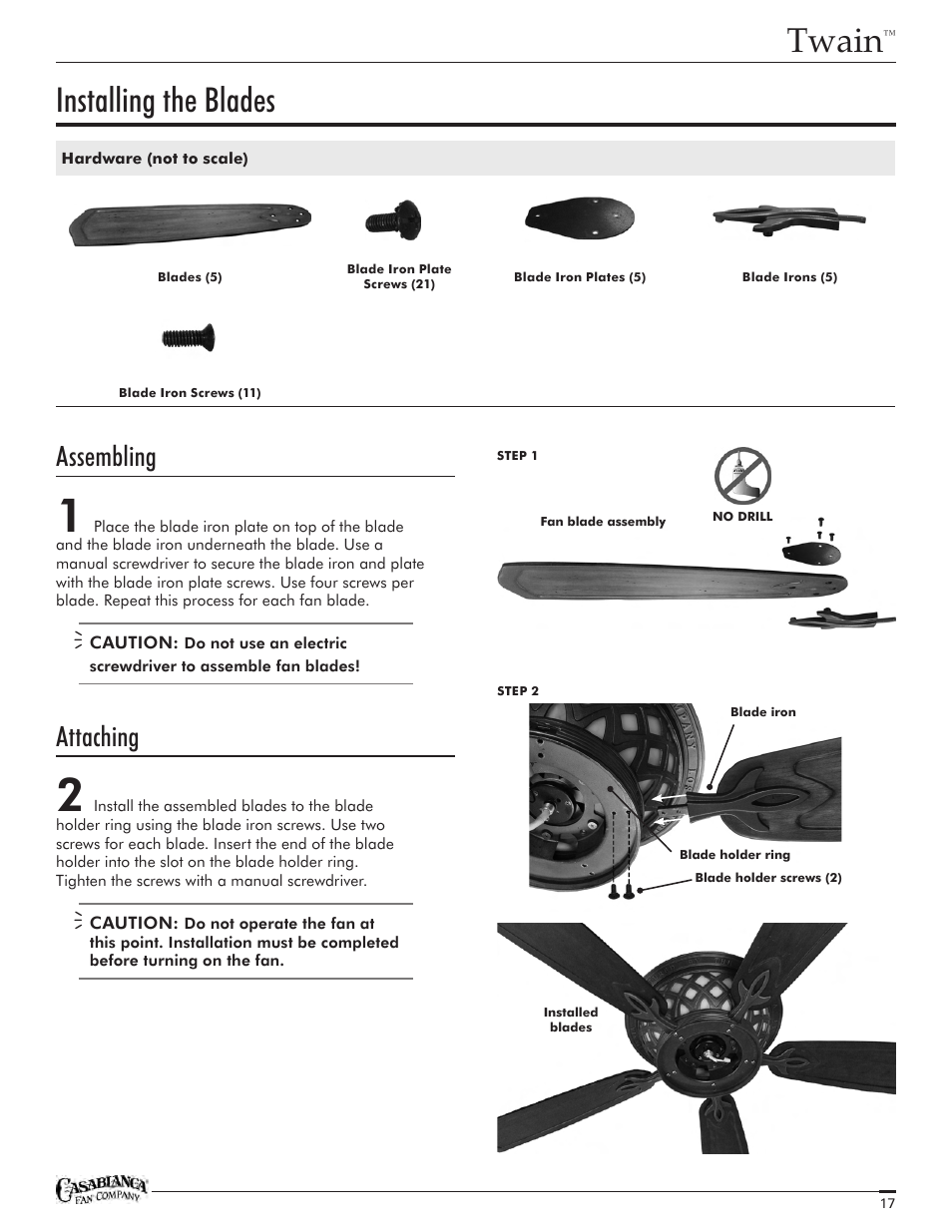 Twain, Installing the blades, Assembling | Attaching | Casablanca Fan Company Twain TYPE HANGER TYPE DJ01 1151 C25G624FPOMONA User Manual | Page 17 / 22