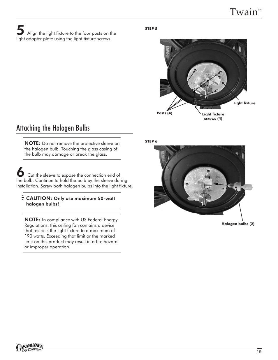 Twain, Attaching the halogen bulbs | Casablanca Fan Company Twain TYPE HANGER TYPE DJ01 1151 C25G624FPOMONA User Manual | Page 19 / 22