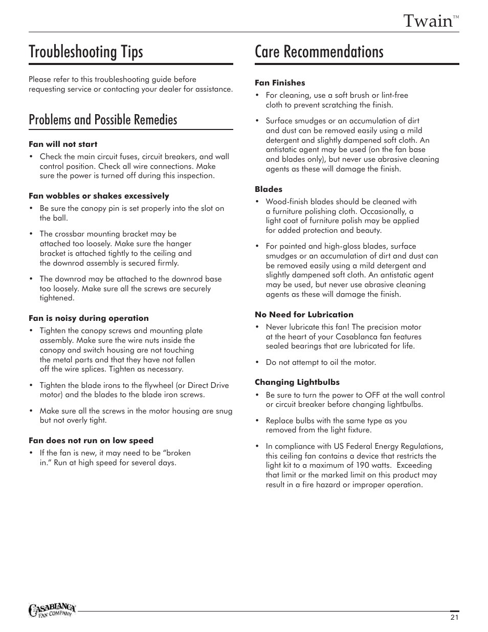 Twain, Troubleshooting tips, Care recommendations | Problems and possible remedies | Casablanca Fan Company Twain TYPE HANGER TYPE DJ01 1151 C25G624FPOMONA User Manual | Page 21 / 22