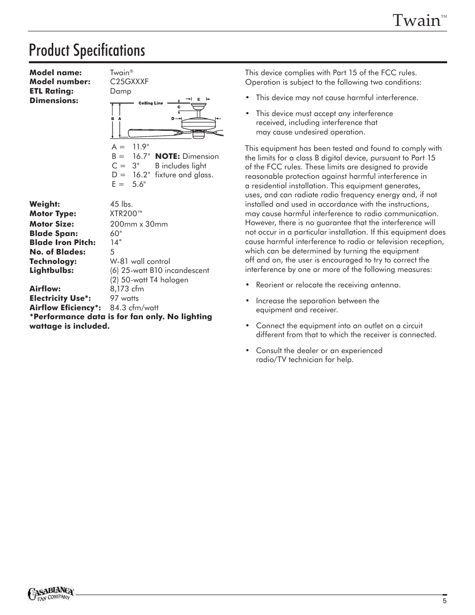 Twain, Product specifications | Casablanca Fan Company Twain TYPE HANGER TYPE DJ01 1151 C25G624FPOMONA User Manual | Page 5 / 22