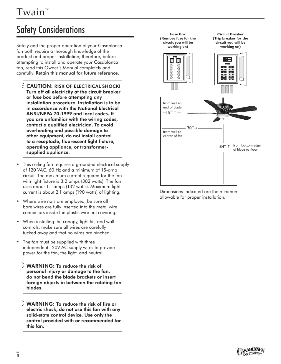 Twain, Safety considerations | Casablanca Fan Company Twain TYPE HANGER TYPE DJ01 1151 C25G624FPOMONA User Manual | Page 6 / 22