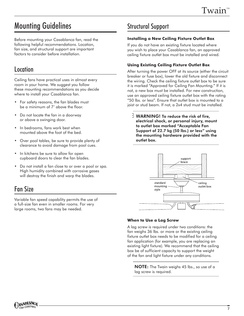 Twain, Mounting guidelines, Structural support | Location, Fan size | Casablanca Fan Company Twain TYPE HANGER TYPE DJ01 1151 C25G624FPOMONA User Manual | Page 7 / 22