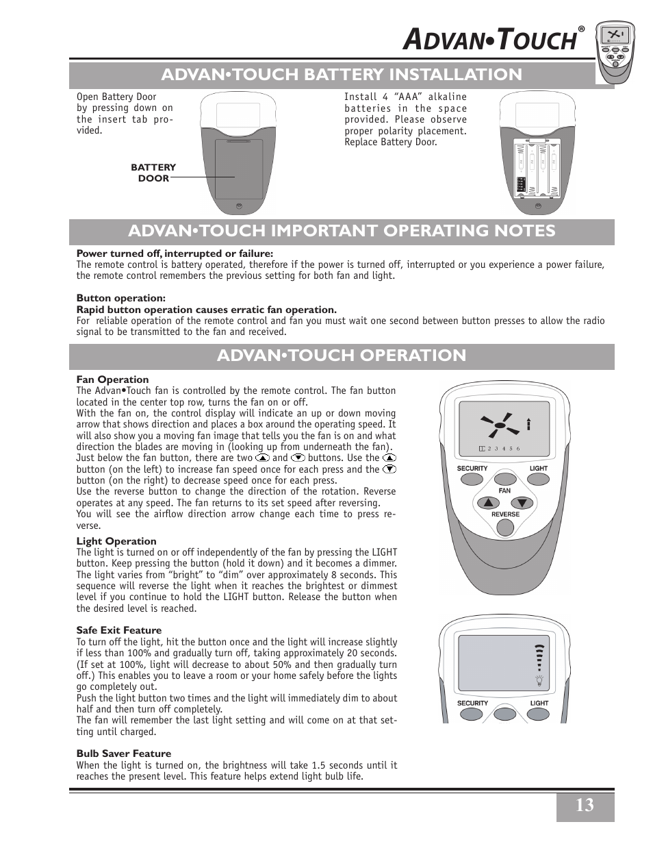 Dvan, Ouch, Advan•touch operation | Advan•touch battery installation | Casablanca Fan Company STEALTH CIRCUIT BREAKER 32xxA User Manual | Page 13 / 16