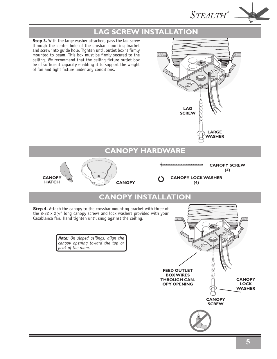 Tealth, Canopy installation, Canopy hardware | Lag screw installation | Casablanca Fan Company STEALTH CIRCUIT BREAKER 32xxA User Manual | Page 5 / 16