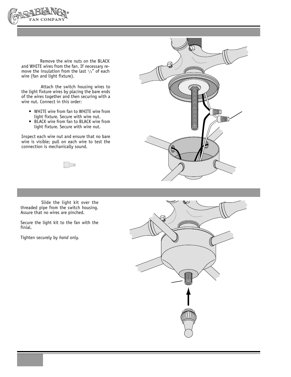 Light kit wiring, Install light kit | Casablanca Fan Company Casablanca 19th Century User Manual | Page 11 / 17