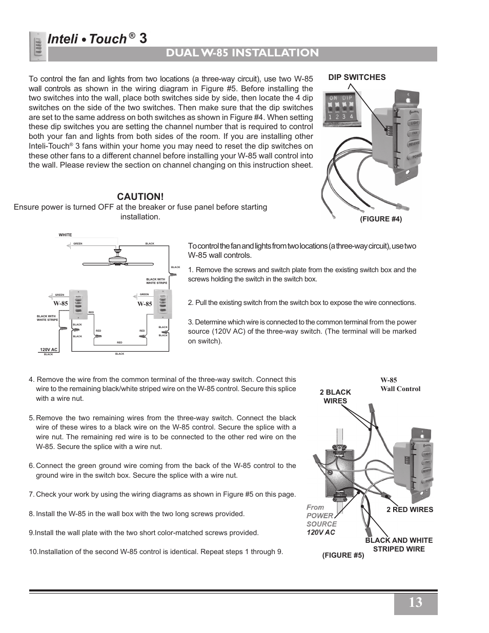 Dual w-85 installation, Caution, W-85 wall control | Casablanca Fan Company PN User Manual | Page 13 / 23