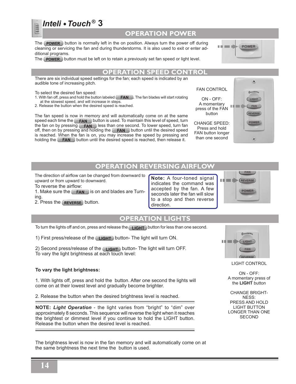 Operation power, Operation speed control, Operation reversing airflow | Operation lights | Casablanca Fan Company PN User Manual | Page 14 / 23