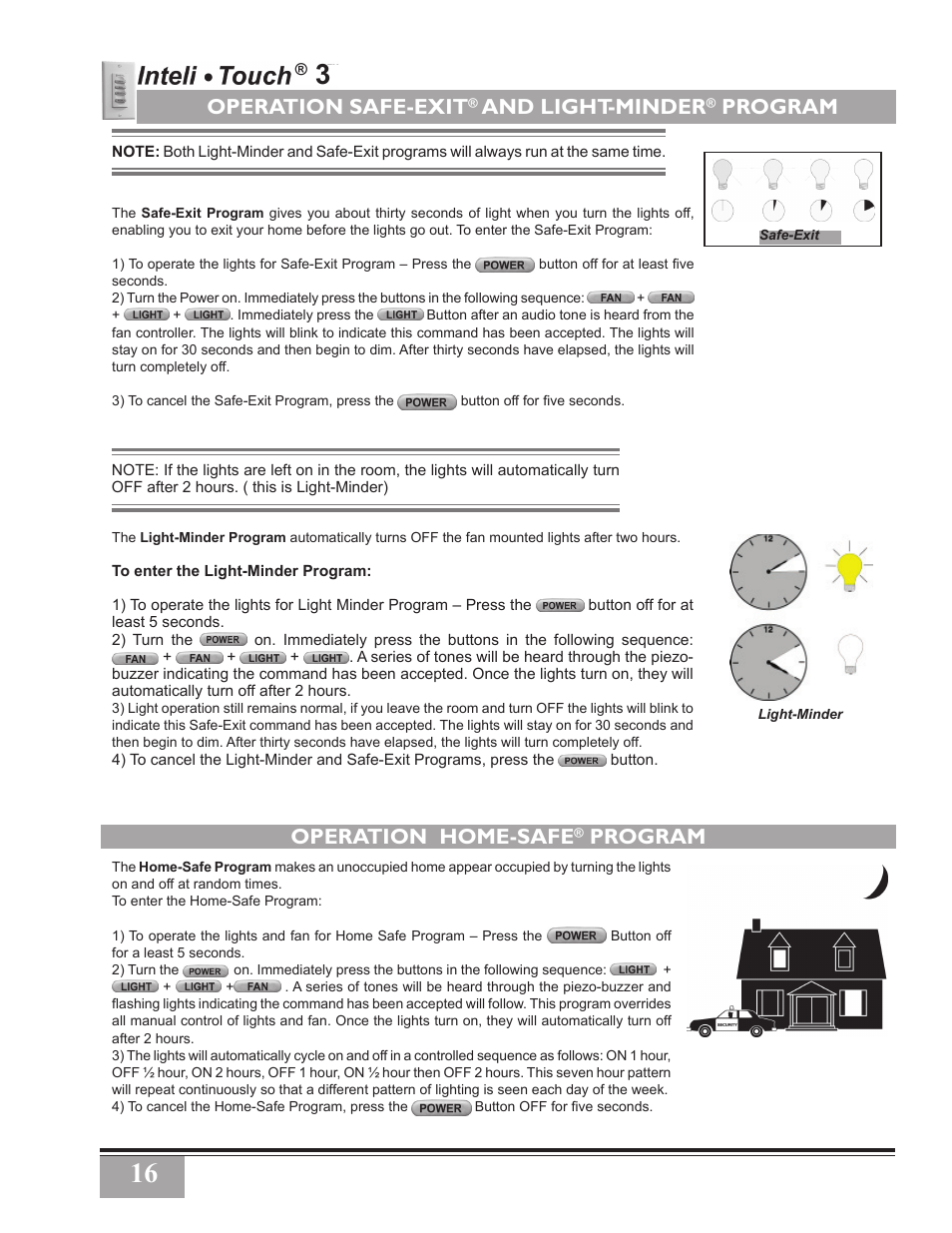 Operation home-safe, Program, Operation safe-exit | And light-minder | Casablanca Fan Company PN User Manual | Page 16 / 23