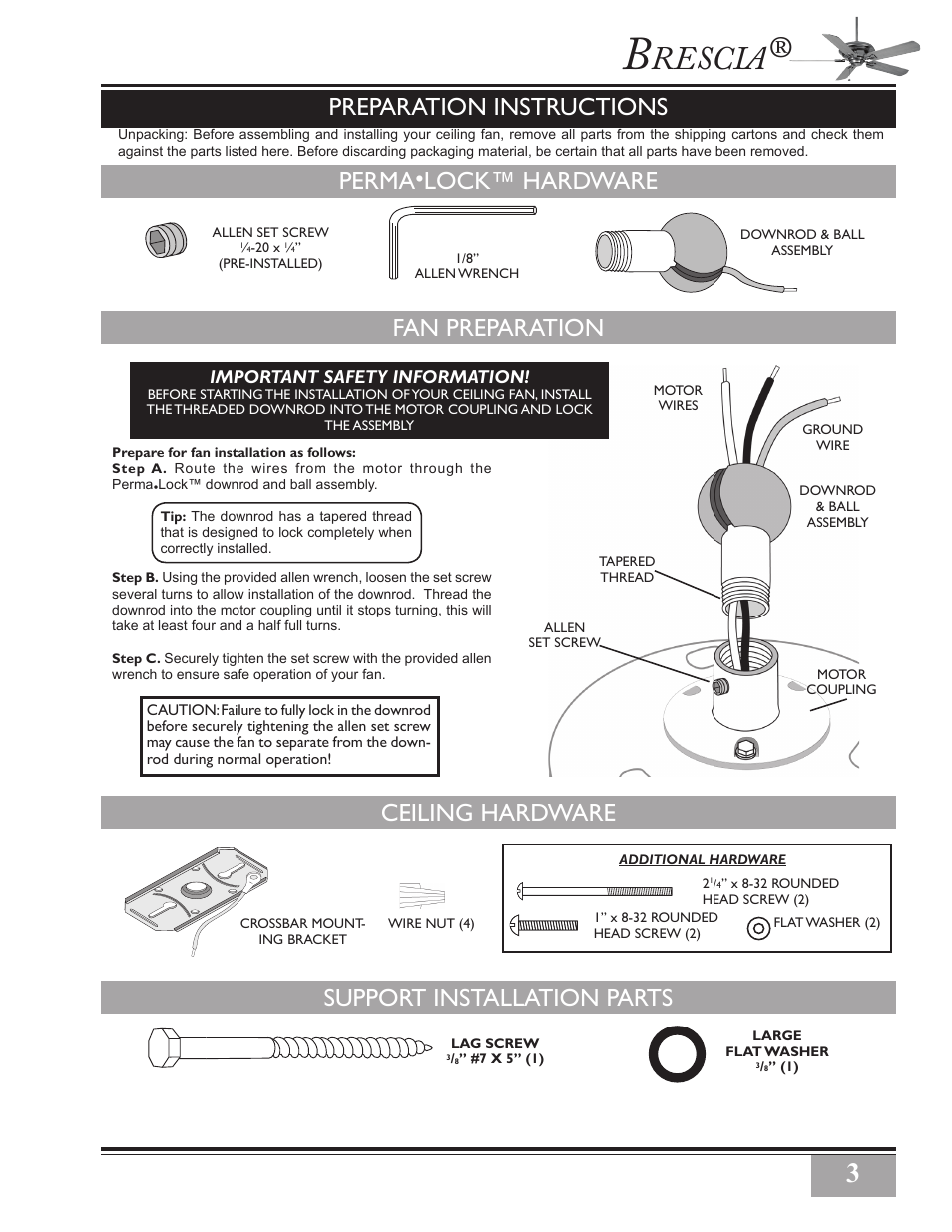 Rescia, Preparation instructions, Support installation parts | Casablanca Fan Company PN User Manual | Page 3 / 23