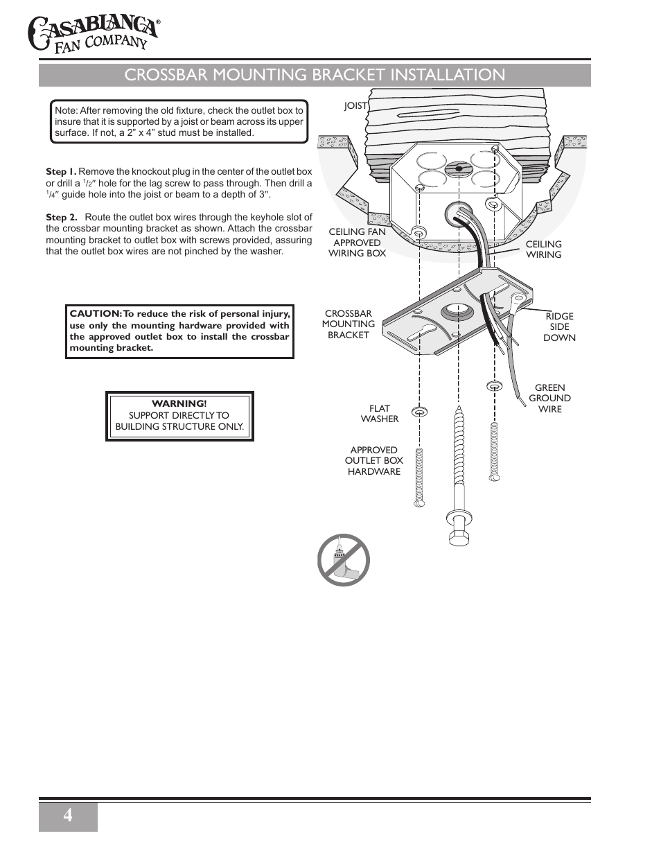 Crossbar mounting bracket installation | Casablanca Fan Company PN User Manual | Page 4 / 23