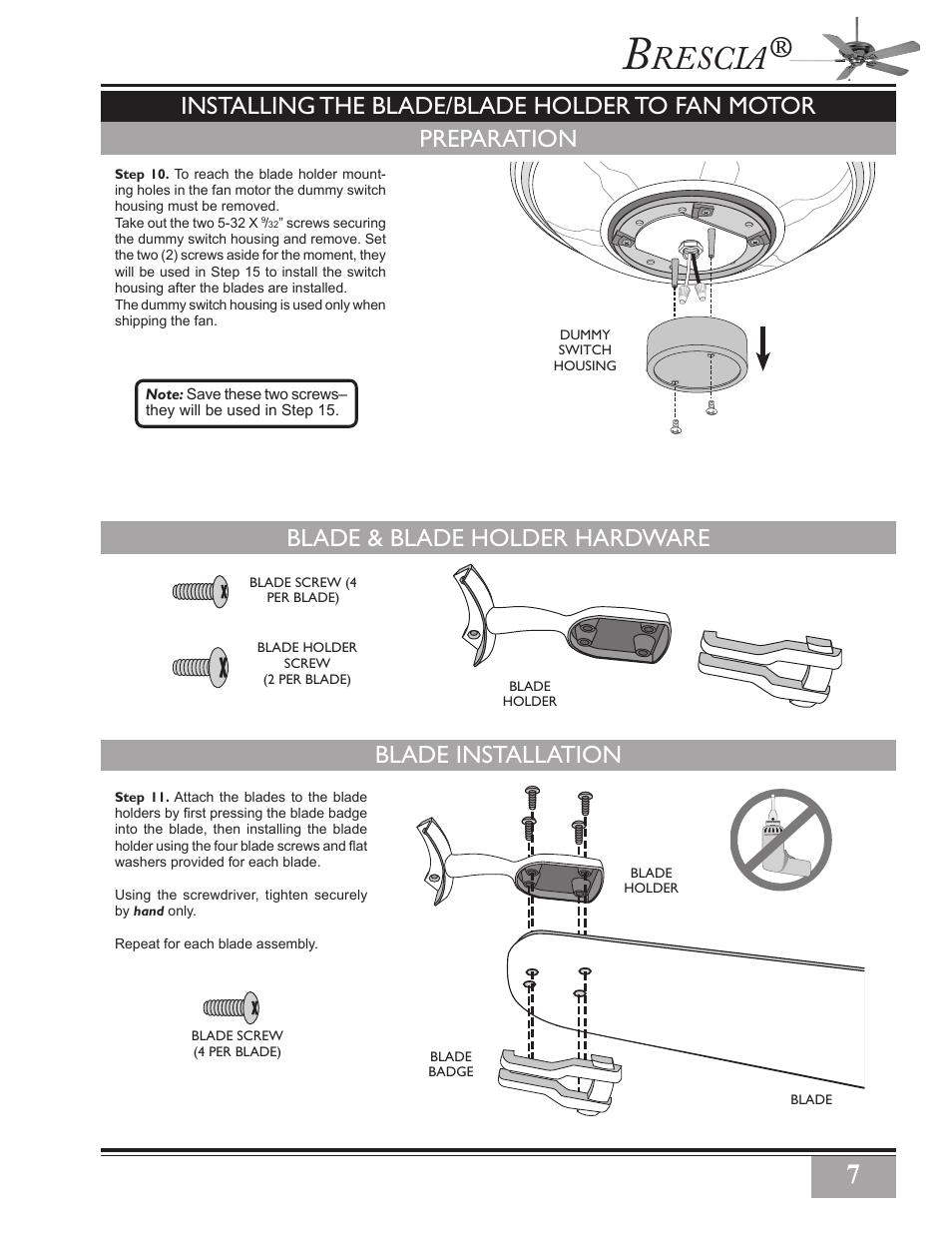 Rescia, Blade installation, Blade & blade holder hardware | Casablanca Fan Company PN User Manual | Page 7 / 23