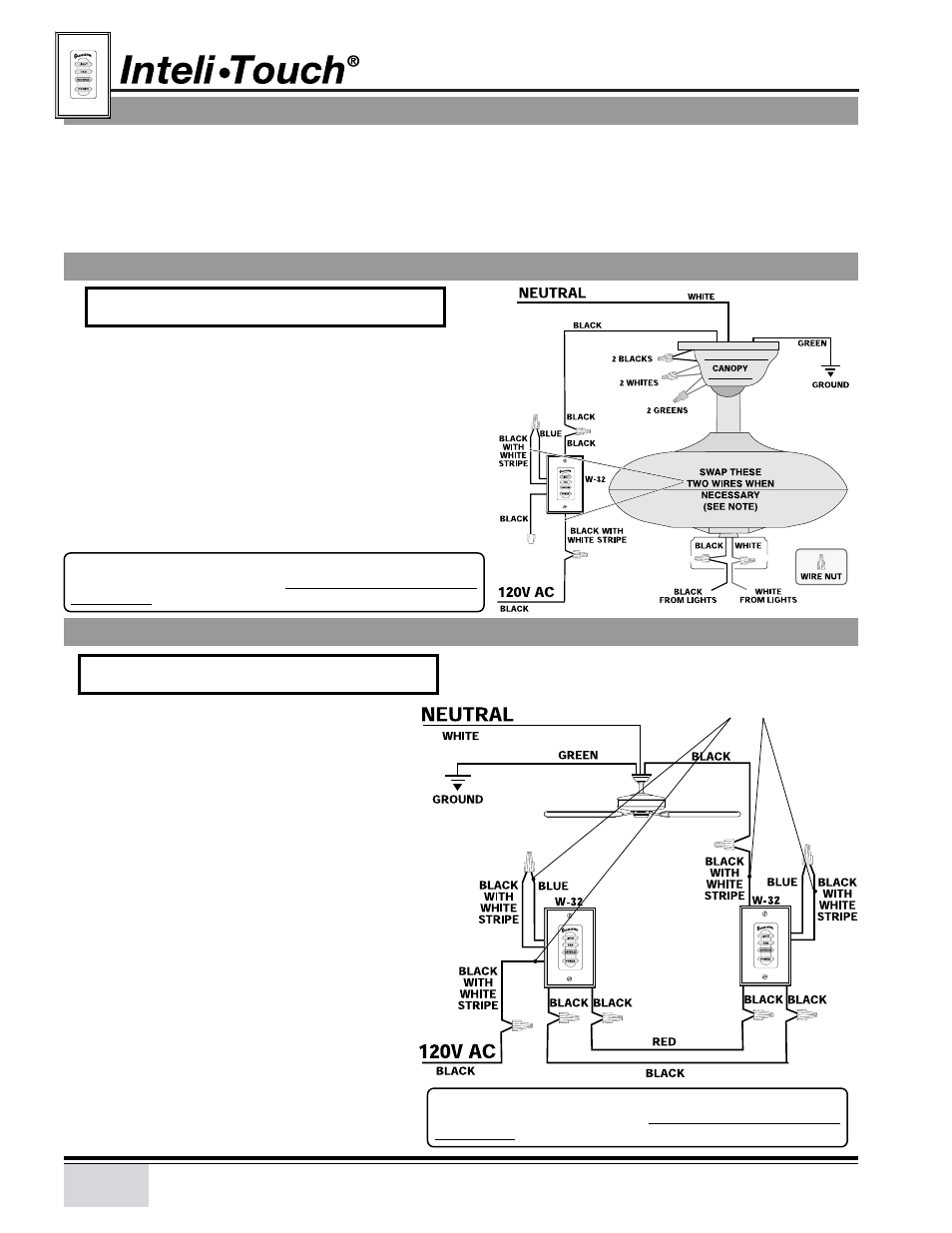 Inteli•touch ♦ ♦ ♦ ♦ ♦ single w-32 installation, Inteli•touch ♦ ♦ ♦ ♦ ♦ dual w-32 installation, Inteli•touch© installing the w-32 wall control | Casablanca Fan Company Bel Air Tabletop Fan User Manual | Page 10 / 19