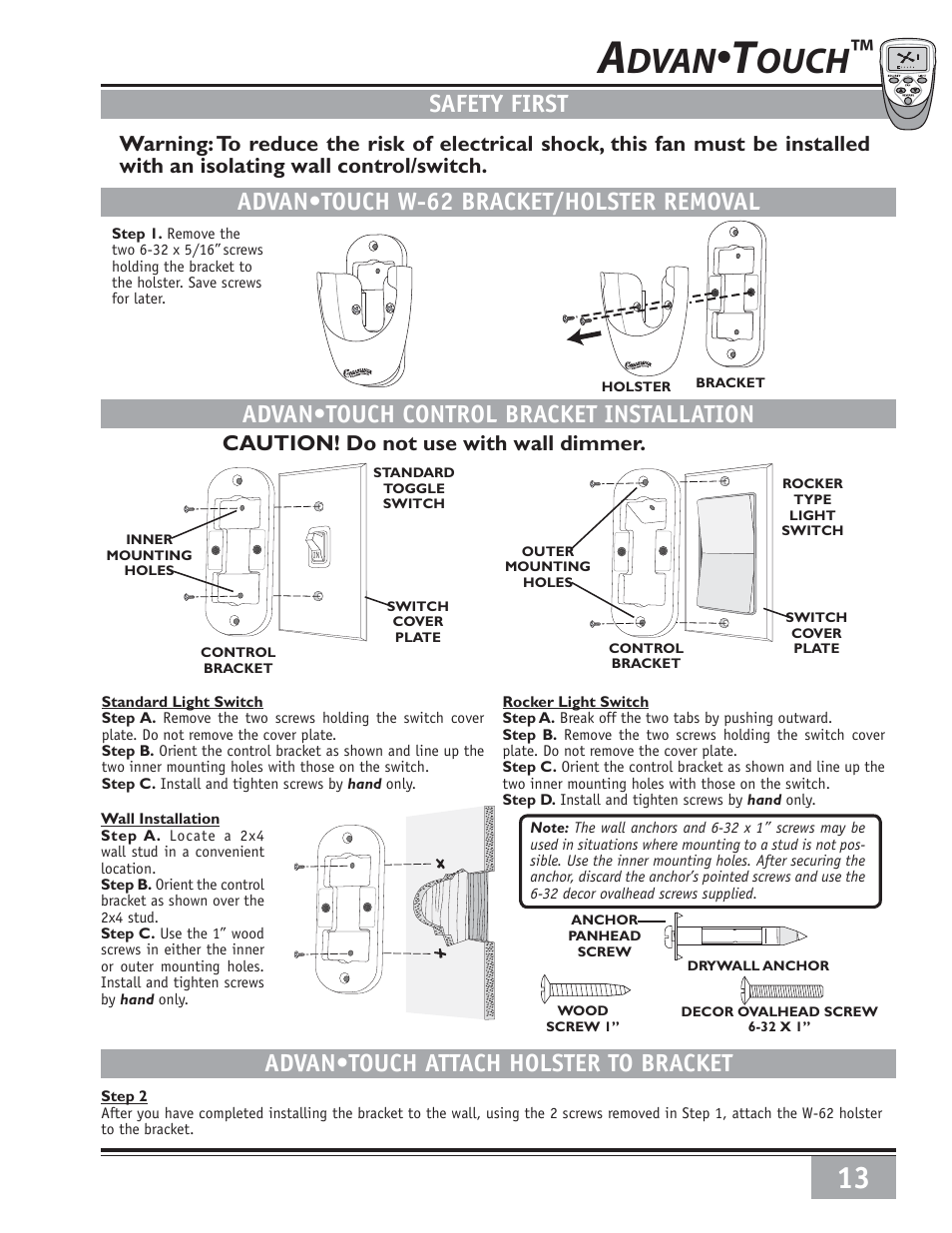 Dvan, Ouch, Advan•touch w-62 bracket/holster removal | Advan•touch control bracket installation, Advan•touch attach holster to bracket, Safety first, Caution! do not use with wall dimmer | Casablanca Fan Company Casablanca Ceiling Fan 6643050 User Manual | Page 13 / 16