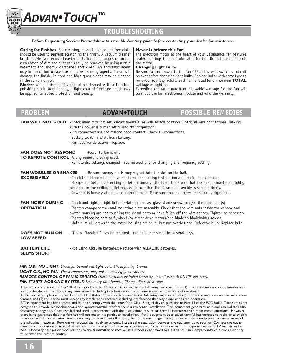 Dvan, Ouch, Troubleshooting | Prob- possible rem- problem possible remedies, Advan•touch | Casablanca Fan Company Casablanca Ceiling Fan 6643050 User Manual | Page 16 / 16