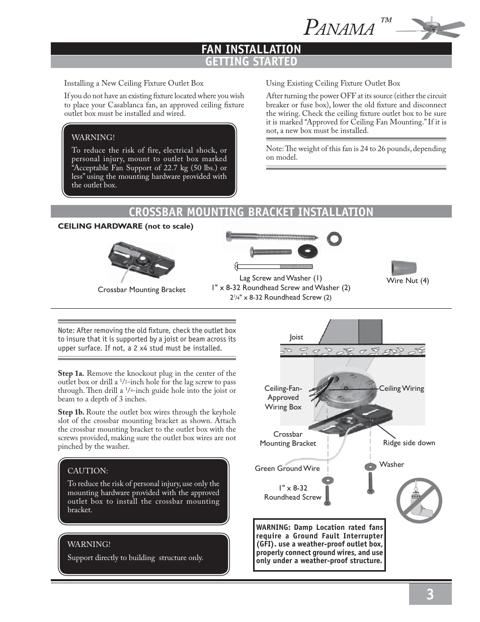 Anama, Getting started, Crossbar mounting bracket installation | Fan installation | Casablanca Fan Company Casablanca Ceiling Fan 6643050 User Manual | Page 3 / 16