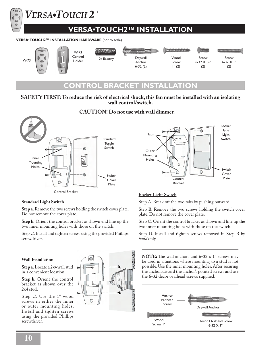 Control bracket installation, Versa•touch2™ installation, Caution! do not use with wall dimmer | Casablanca Fan Company Casablanca Seacoast' Ceiling Fan C3U72M User Manual | Page 10 / 16