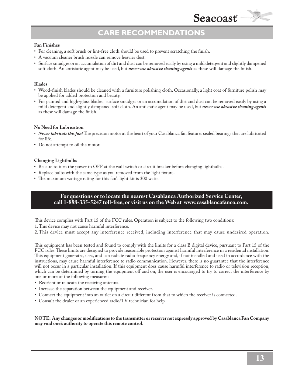 Care recommendations | Casablanca Fan Company Casablanca Seacoast' Ceiling Fan C3U72M User Manual | Page 13 / 16