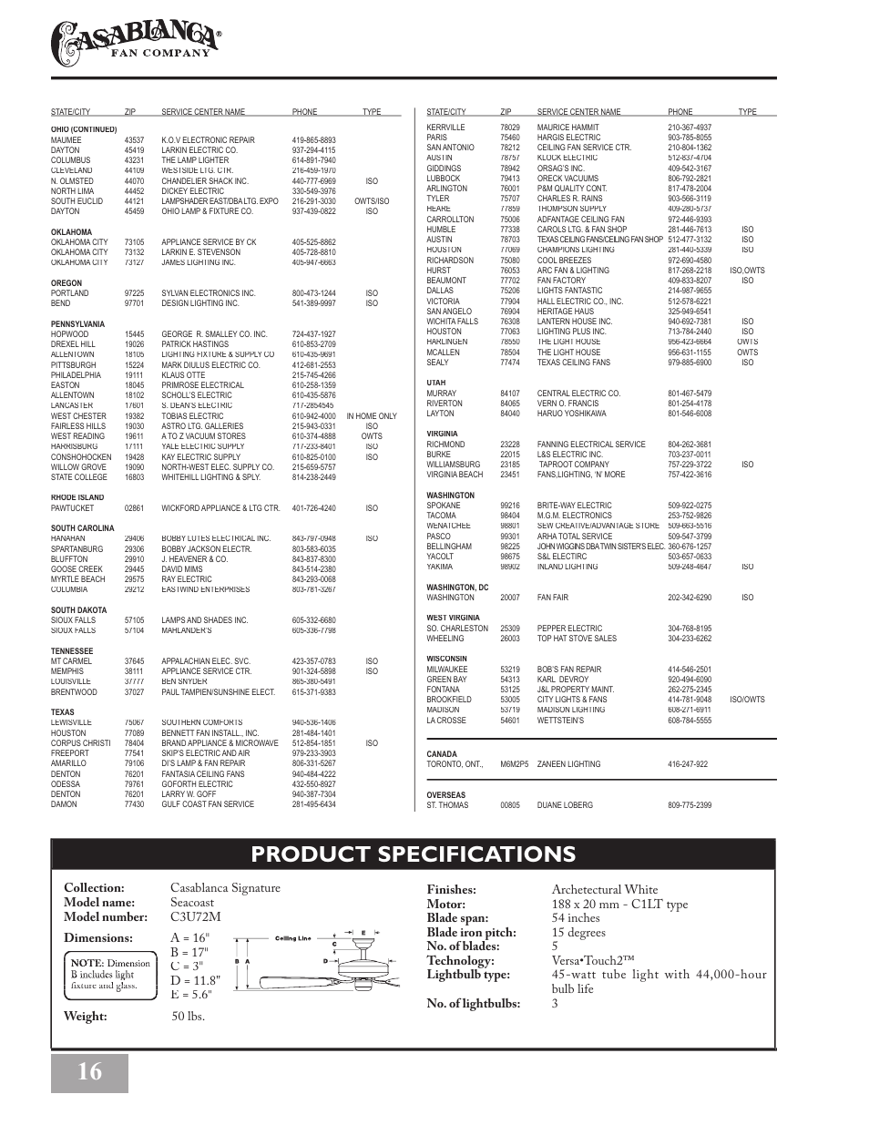 Product specifications, C = 3 c = 3 | Casablanca Fan Company Casablanca Seacoast' Ceiling Fan C3U72M User Manual | Page 16 / 16