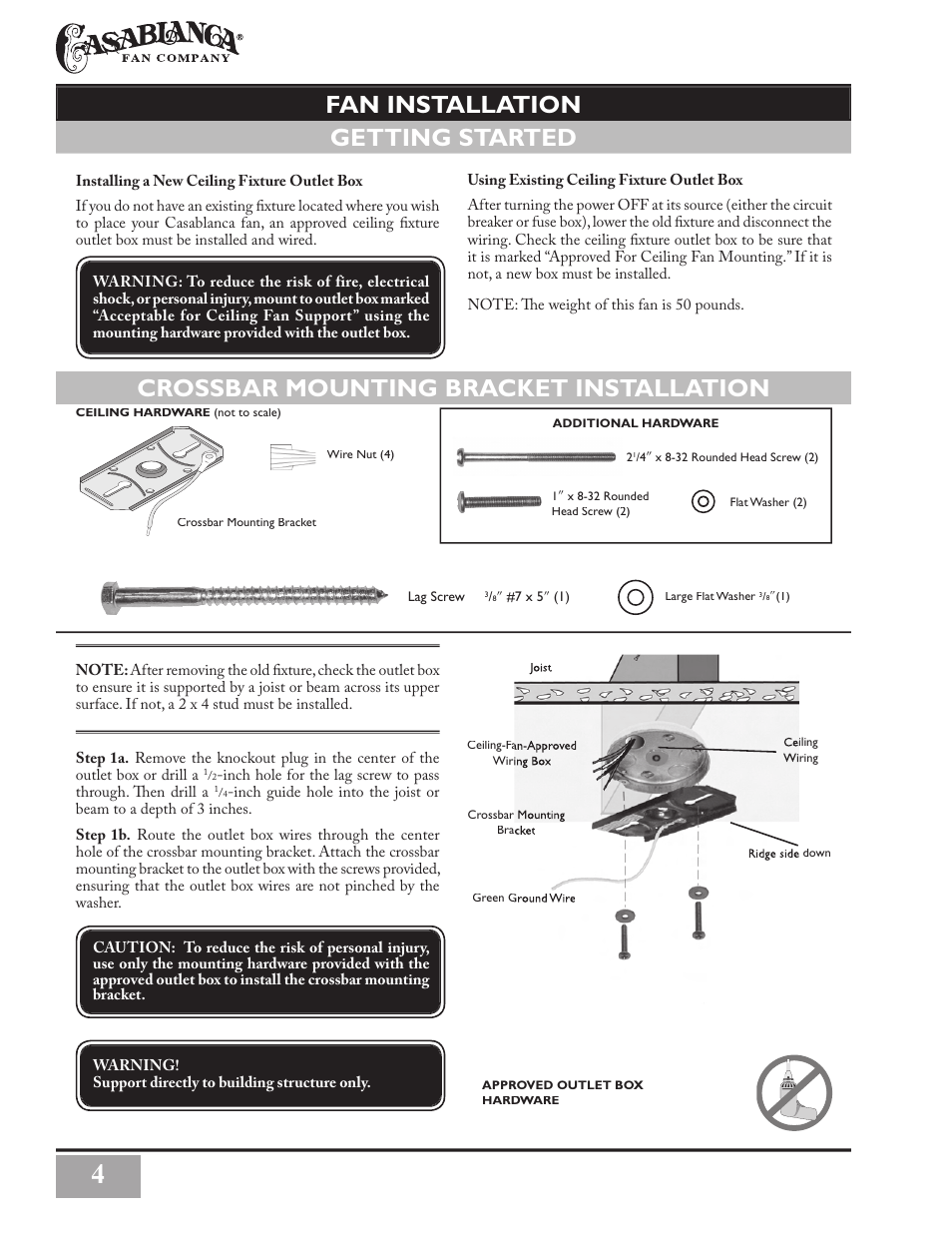 Getting started, Crossbar mounting bracket installation, Fan installation | Casablanca Fan Company Casablanca Seacoast' Ceiling Fan C3U72M User Manual | Page 4 / 16