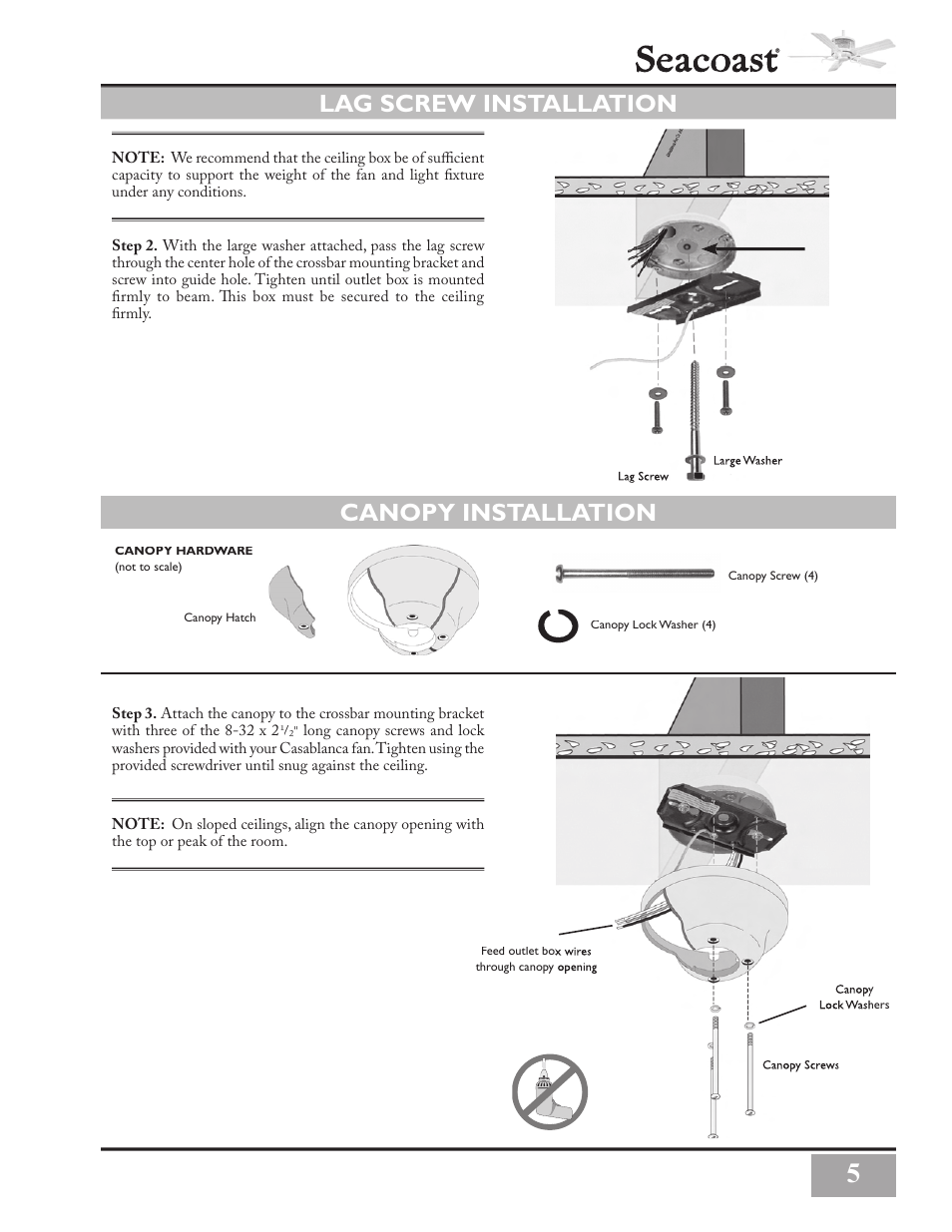 Lag screw installation canopy installation | Casablanca Fan Company Casablanca Seacoast' Ceiling Fan C3U72M User Manual | Page 5 / 16