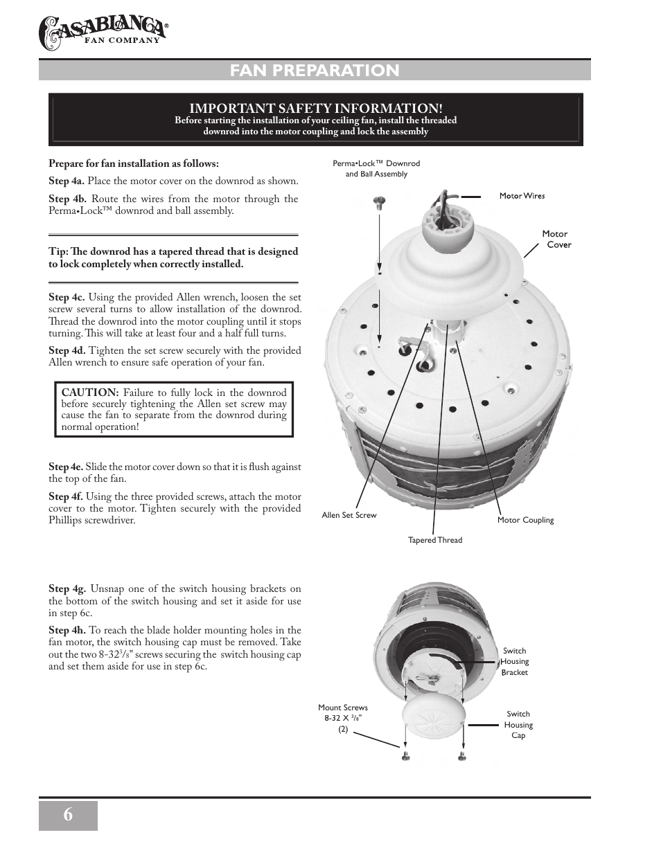 Fan preparation, Important safety information | Casablanca Fan Company Casablanca Seacoast' Ceiling Fan C3U72M User Manual | Page 6 / 16