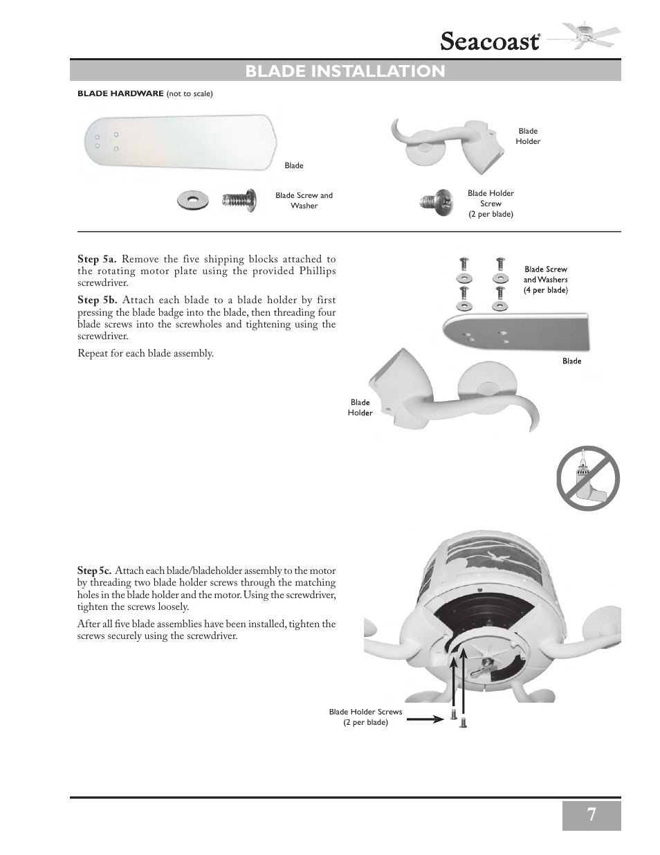 Blade installation | Casablanca Fan Company Casablanca Seacoast' Ceiling Fan C3U72M User Manual | Page 7 / 16
