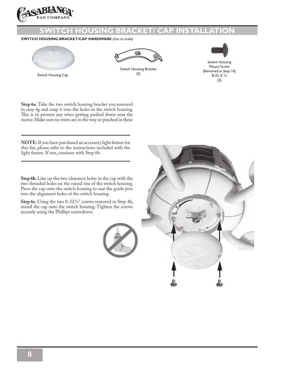 Switch housing bracket/ cap installation | Casablanca Fan Company Casablanca Seacoast' Ceiling Fan C3U72M User Manual | Page 8 / 16