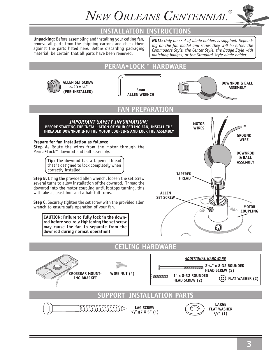 Rleans, Entennial, Installation instructions | Ceiling hardware fan preparation, Perma•lock™ hardware, Support installation parts | Casablanca Fan Company New Orleans Centennial 69xxD User Manual | Page 3 / 10