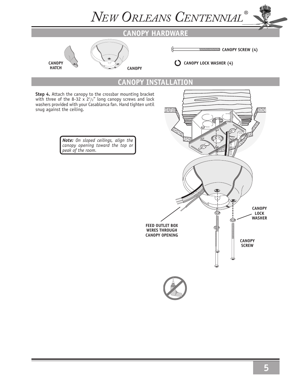 Rleans, Entennial, Canopy installation | Canopy hardware | Casablanca Fan Company New Orleans Centennial 69xxD User Manual | Page 5 / 10