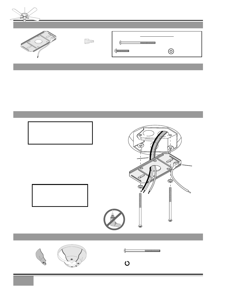 Ceiling hardware, Getting started, Crossbar mounting bracket installation | Canopy hardware, Topian | Casablanca Fan Company Capistrano Indoor Ceiling Fan User Manual | Page 5 / 10