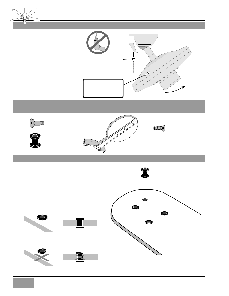 Canopy hatch installation, Blade to blade holder installation, Rubber grommet installation | Topian | Casablanca Fan Company Capistrano Indoor Ceiling Fan User Manual | Page 7 / 10