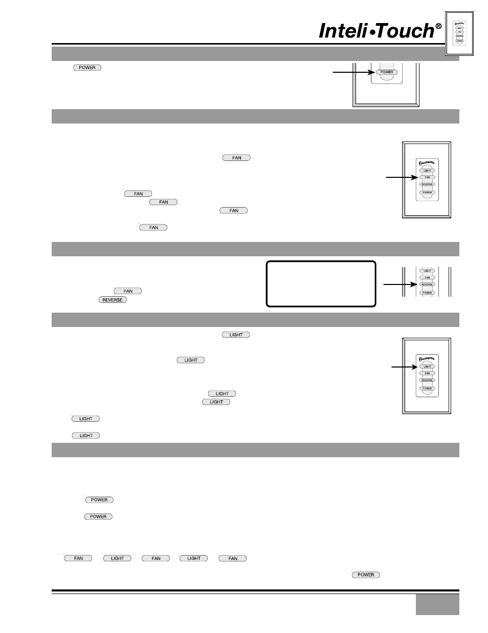 Inteli•touch operation, Power, Reversing airflow | Light, Speed control, Automatic demonstration program, Inteli•touch operation ♦ power, Inteli•touch operation ♦ speed control, Inteli•touch operation ♦ reversing airflow, Inteli•touch operation ♦ light | Casablanca Metropolitan User Manual | Page 10 / 18