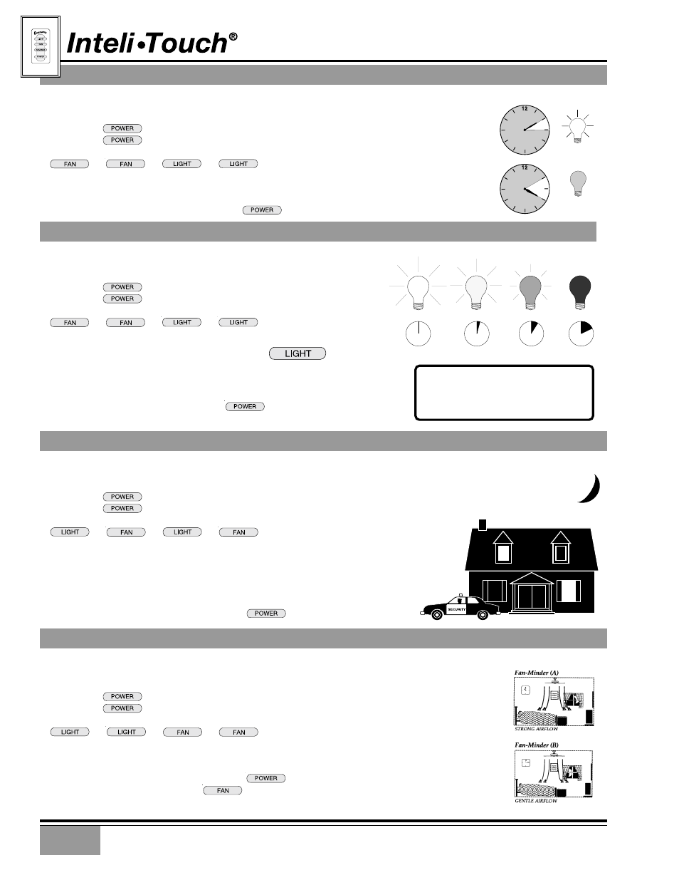Light-minder, Safe-exit, Home-safe | Fan-minder, Inteli•touch operation ♦ safe-exit, Program, Inteli•touch operation ♦ home-safe, Inteli•touch operation ♦ fan-minder, Inteli•touch operation ♦ light-minder | Casablanca Metropolitan User Manual | Page 11 / 18