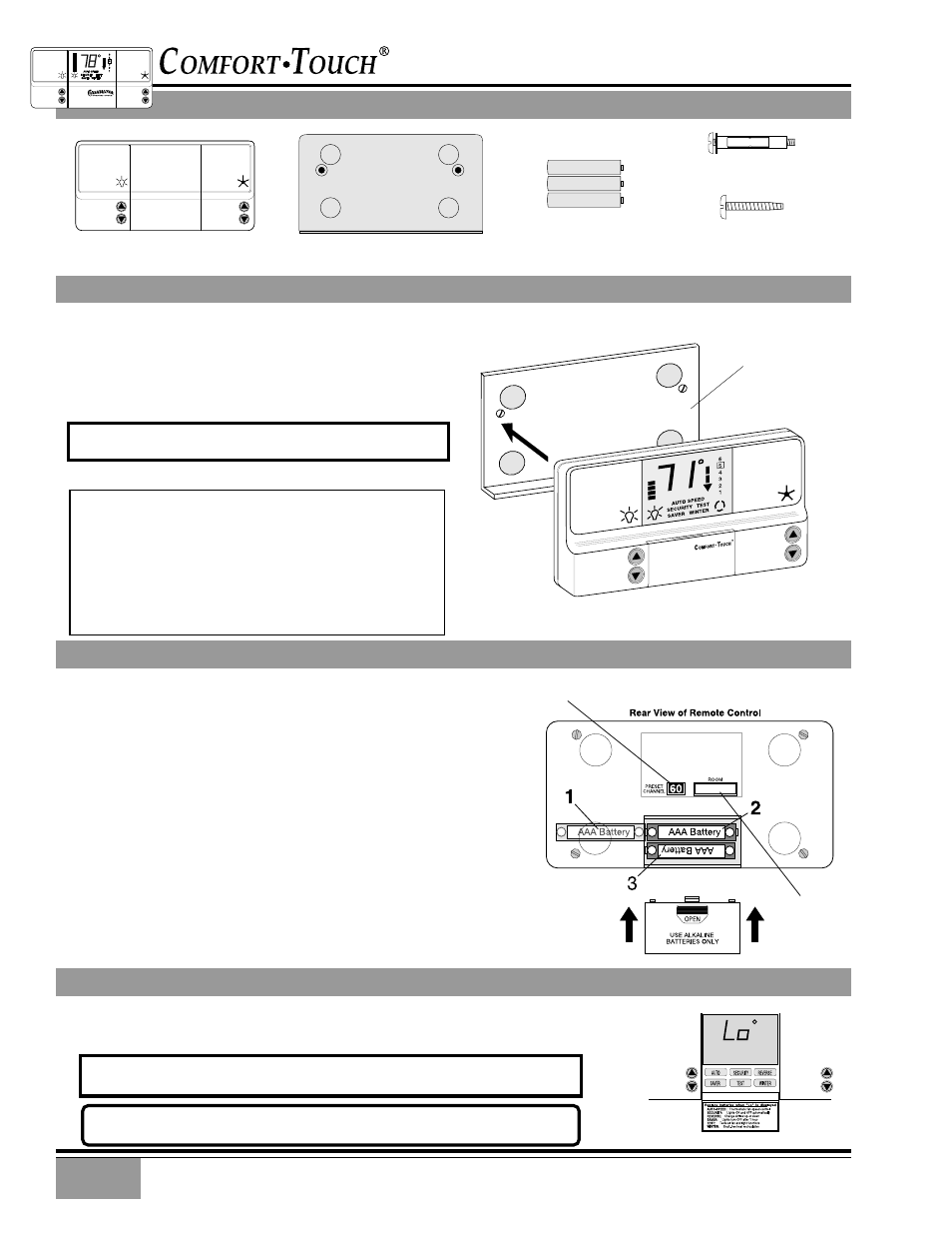 Comfort•touch, W-21 mounting parts, W-21 wall bracket installation | W-21 battery installation, W-21 low battery warning, Comfort•touch ♦ w-21 battery installation, Comfort•touch ♦ w-21 wall bracket installation, Comfort•touch ♦ w-21 low battery warning, Comfort•touch ♦ w-21 mounting parts, Remove for handheld or tabletop use | Casablanca Metropolitan User Manual | Page 13 / 18