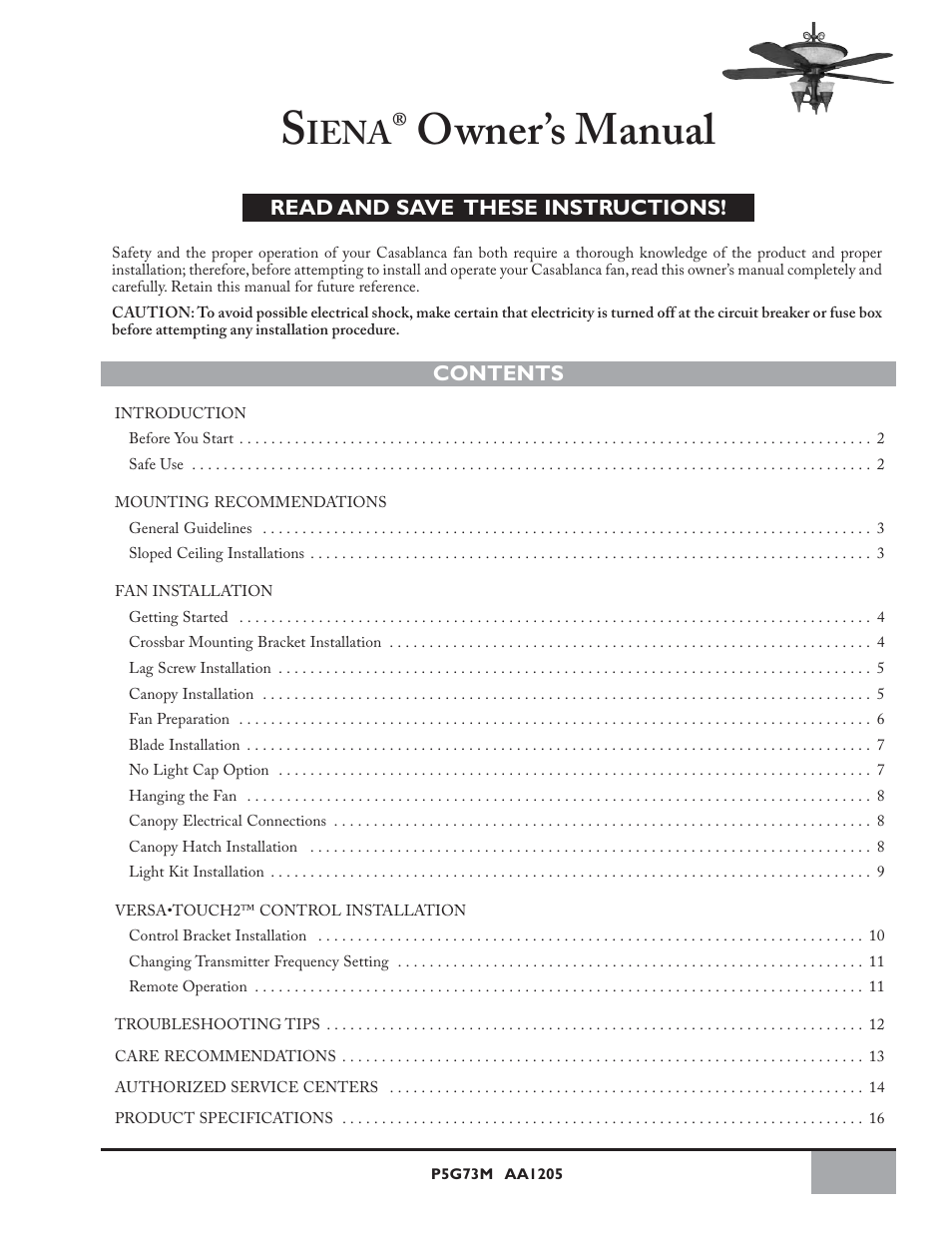 Casablanca Fan Company Sienna Owner's Manual PSG73M User Manual | 16 pages