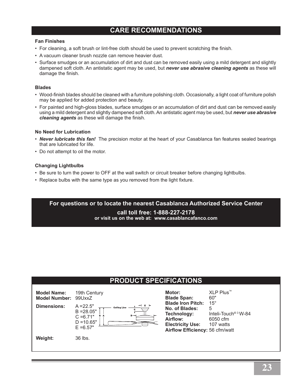 Care recommendations, Product specifications | Casablanca Fan Company Casablanca Ceiling Fan PN9943001 User Manual | Page 23 / 24