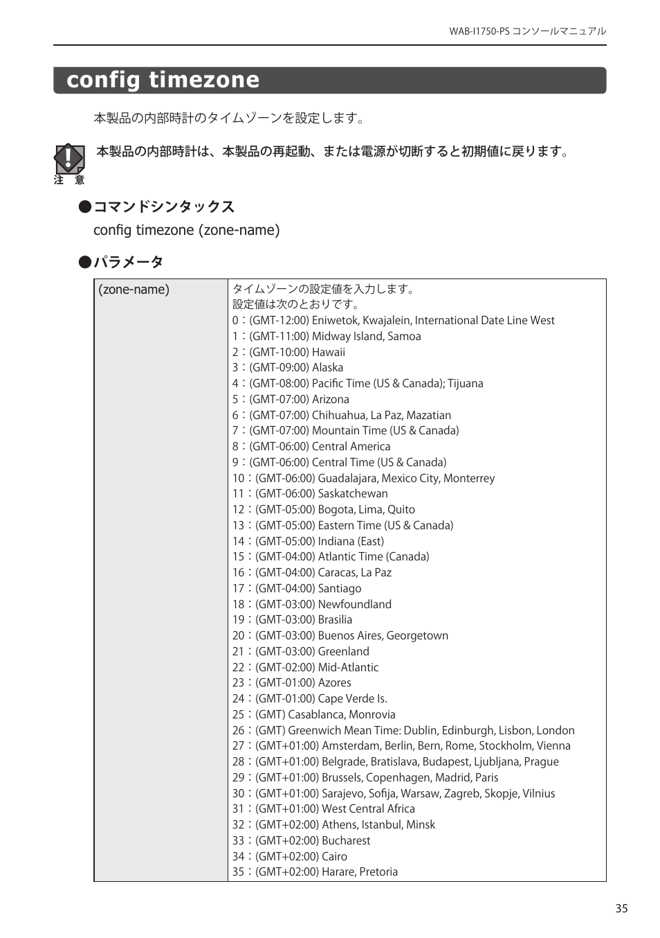 Config timezone, Config timezone﻿･･････････････････････ 35 | Elecom WAB-I1750-PS 4.コンソール・マニュアル User Manual | Page 35 / 102