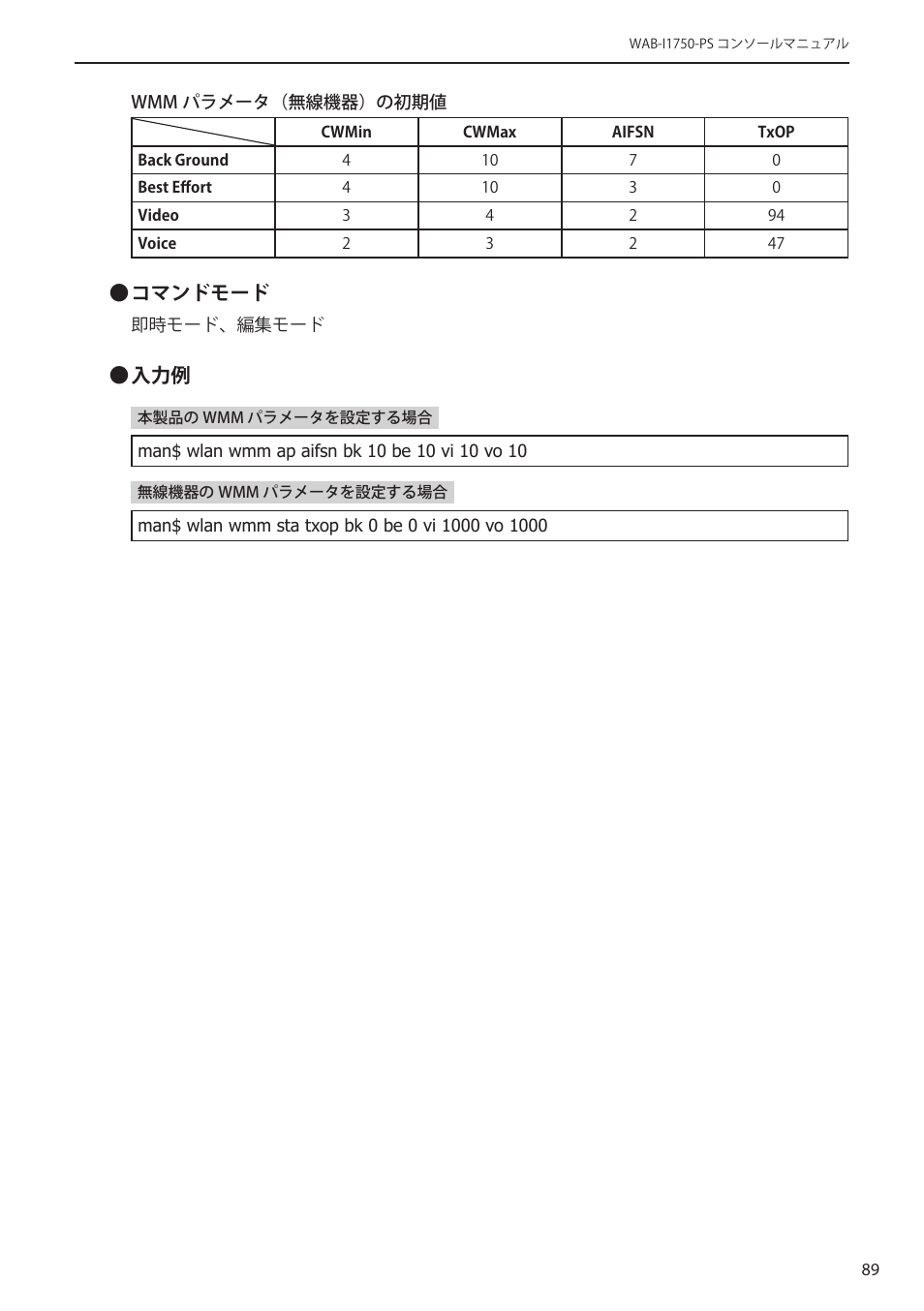 コマンドモード | Elecom WAB-I1750-PS 4.コンソール・マニュアル User Manual | Page 89 / 102