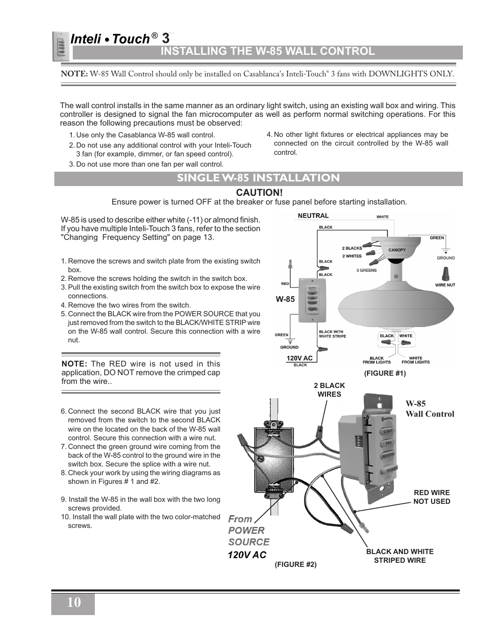 Installing the w-85 wall control, Single w-85 installation | Casablanca Fan Company Inteli-Touch 3 PN User Manual | Page 10 / 17