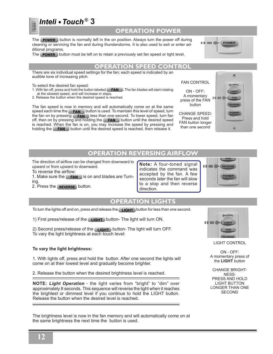 Operation power, Operation speed control, Operation reversing airflow | Operation lights | Casablanca Fan Company Inteli-Touch 3 PN User Manual | Page 12 / 17