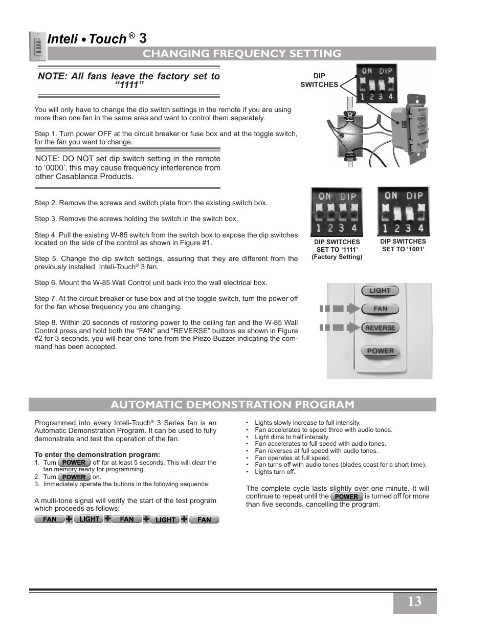 Changing frequency setting, Automatic demonstration program | Casablanca Fan Company Inteli-Touch 3 PN User Manual | Page 13 / 17