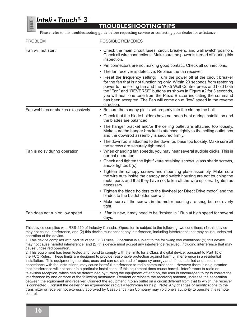 Troubleshooting tips | Casablanca Fan Company Inteli-Touch 3 PN User Manual | Page 16 / 17